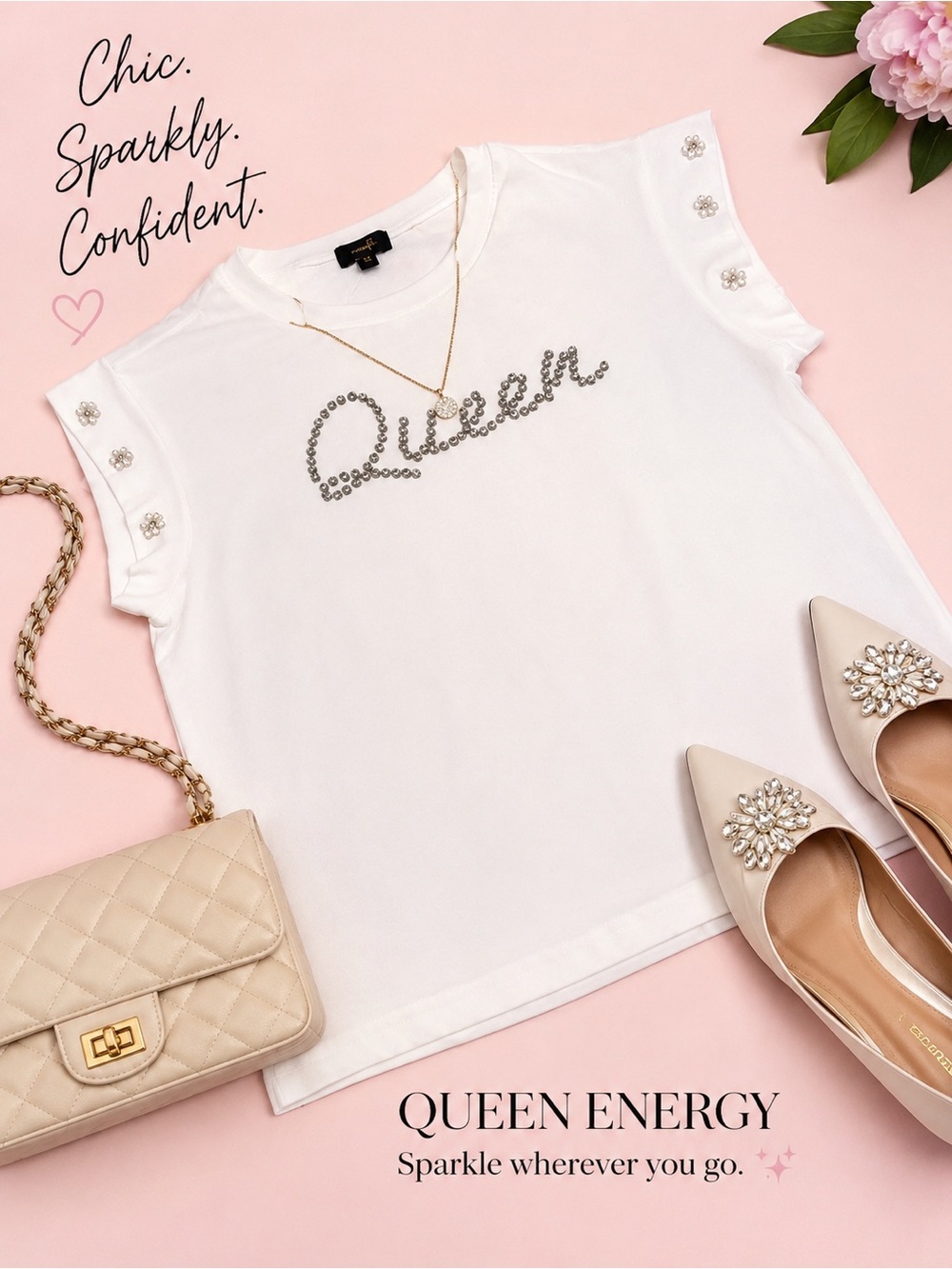 On Twelfth “Queen” Embellished White Tee - Women's Sparkle Top Size Medium NWT
